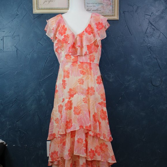 Lulus Cream & Hues of Pink Chiffon Maxi Dress Women's Floral Ruffled Size L - Picture 1 of 13